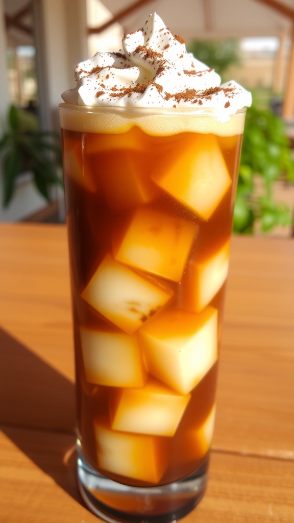 Low Carb Iced Coffee Recipe A refreshing glass of low carb iced coffee with ice and whipped cream on a sunny table.